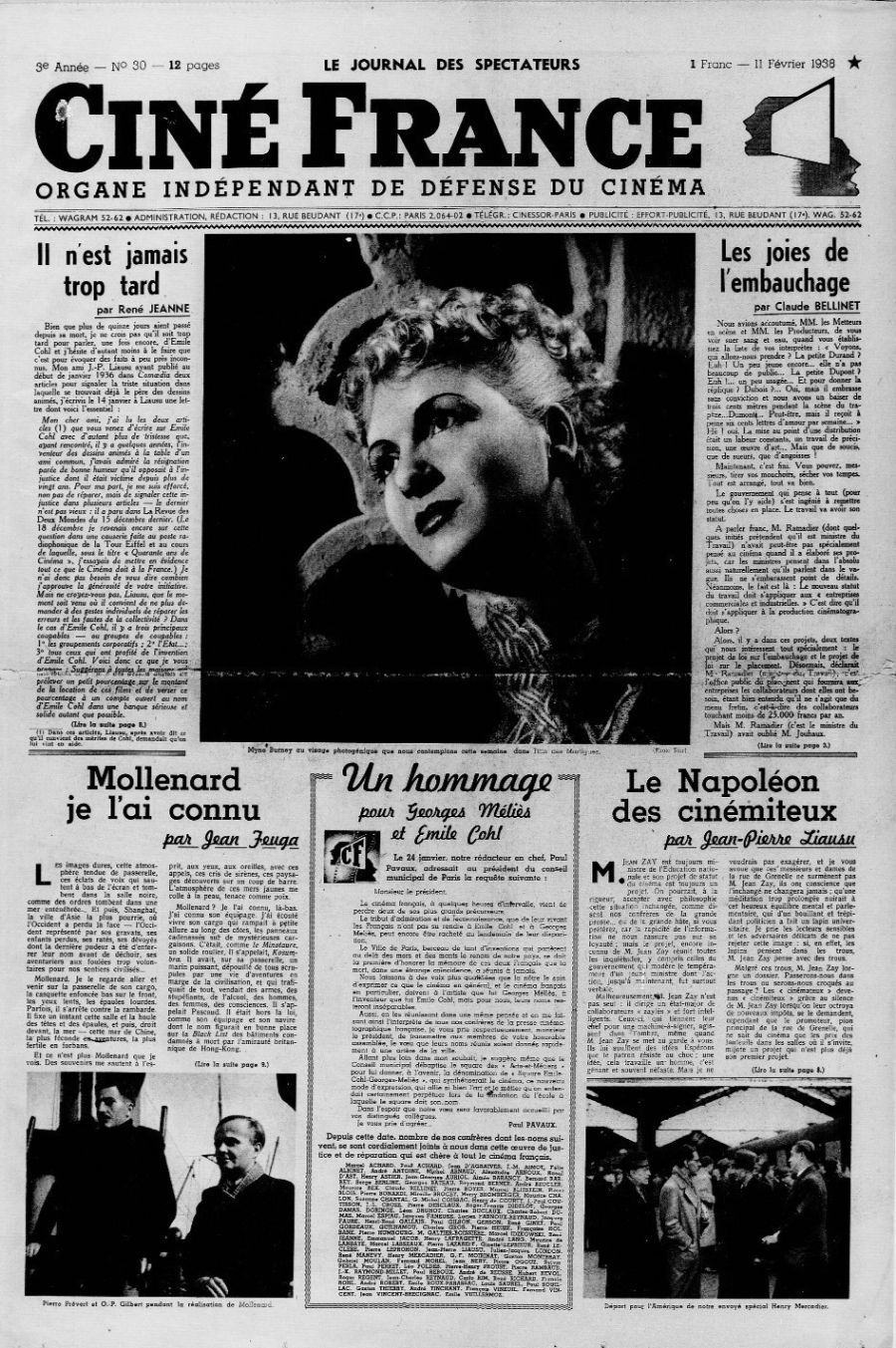 CINE FRANCE magazine side cover Issue 30 11 February 1938