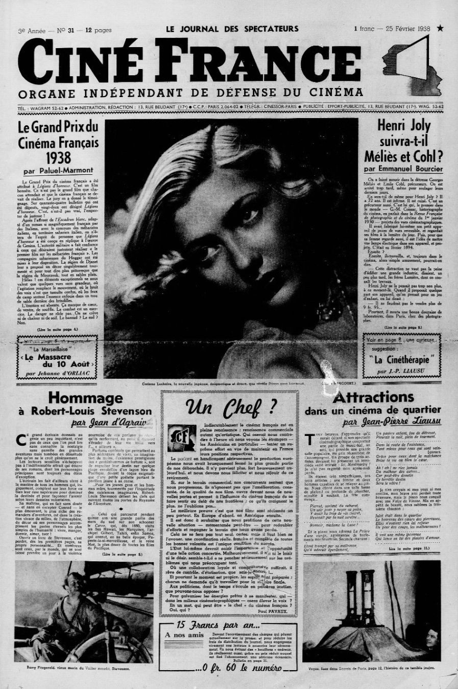 CINE FRANCE magazine side cover Issue 31 25 February 1938