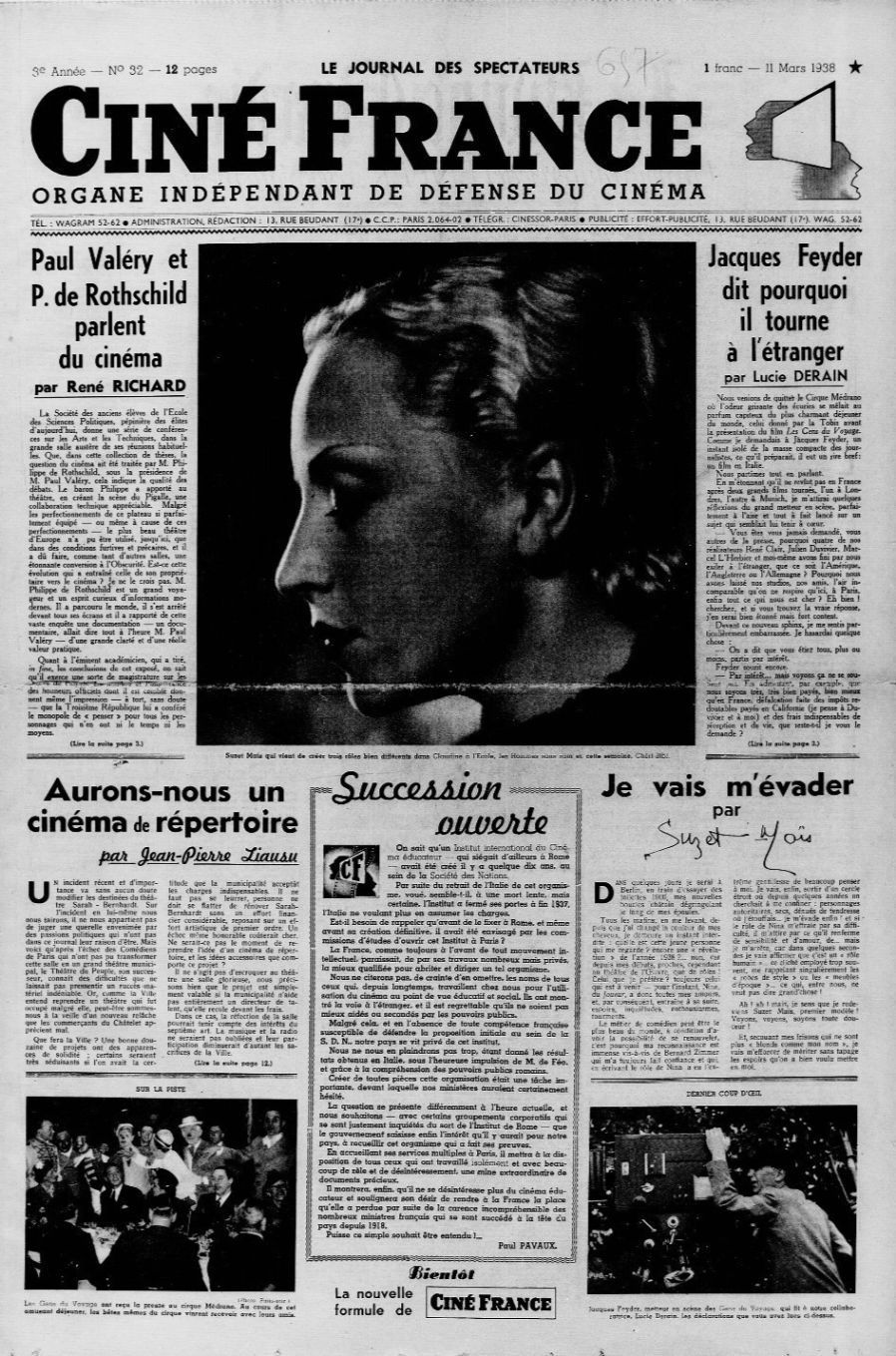 CINE FRANCE magazine side cover Issue 32 11 March 1938