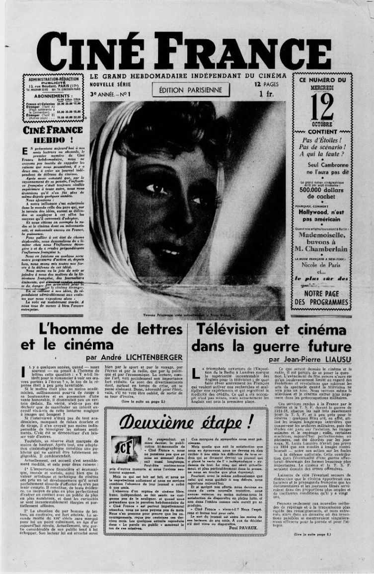 CINE FRANCE magazine side cover Issue 1 12 October 1938
