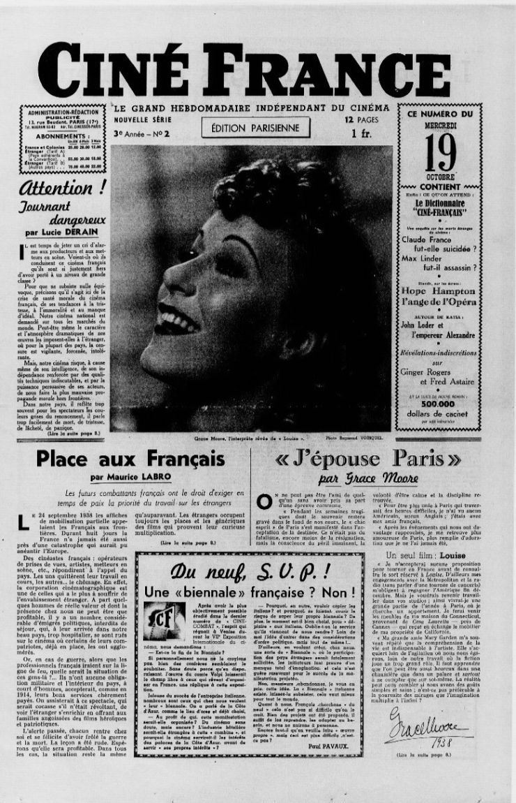 CINE FRANCE magazine side cover Issue 2 19 October 1938