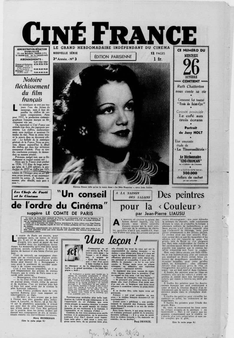 CINE FRANCE magazine side cover Issue 3 26 October 1938