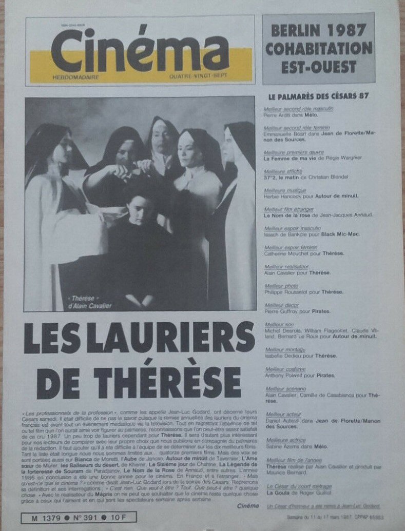 CINEMA HEBDOMADAIRE magazine side cover Issue 391 11 March 1987