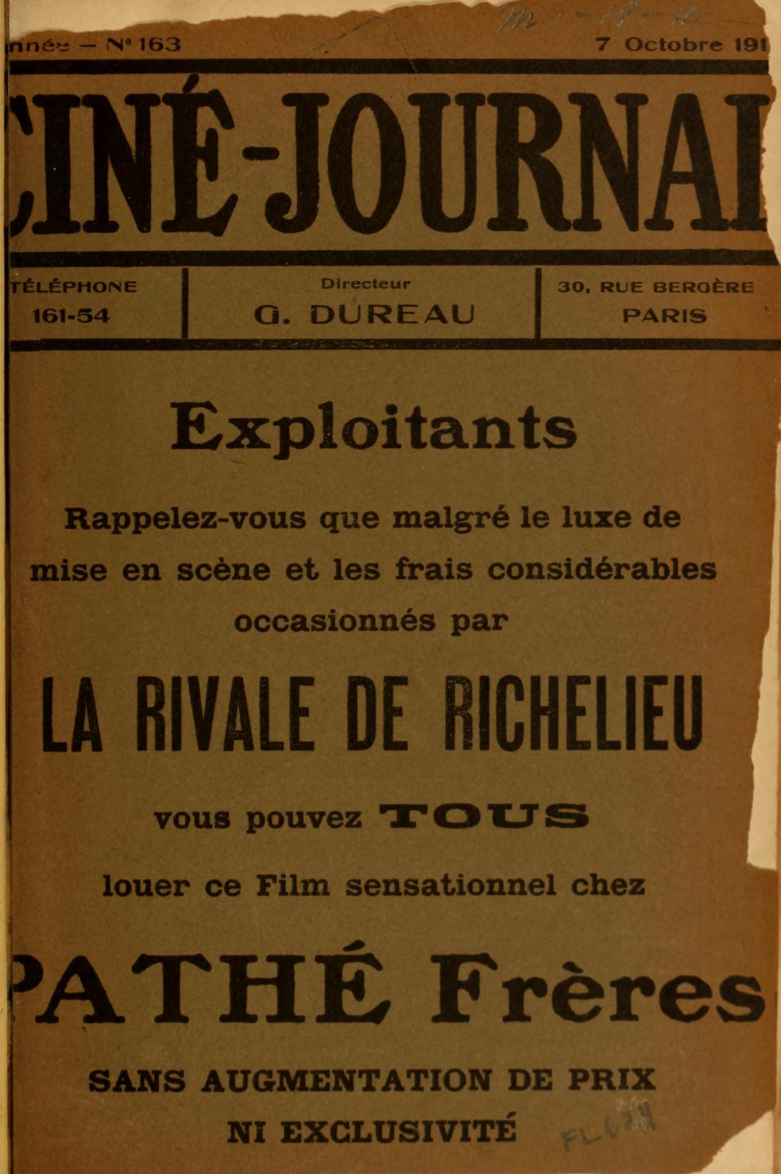 CINE-JOURNAL, LE JOURNAL DU FILM magazine side cover Issue 163 7 October 1911