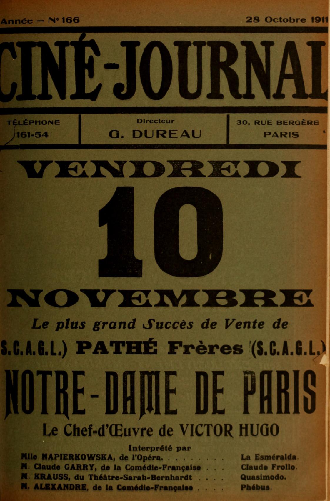 CINE-JOURNAL, LE JOURNAL DU FILM magazine side cover Issue 166 28 October 1911