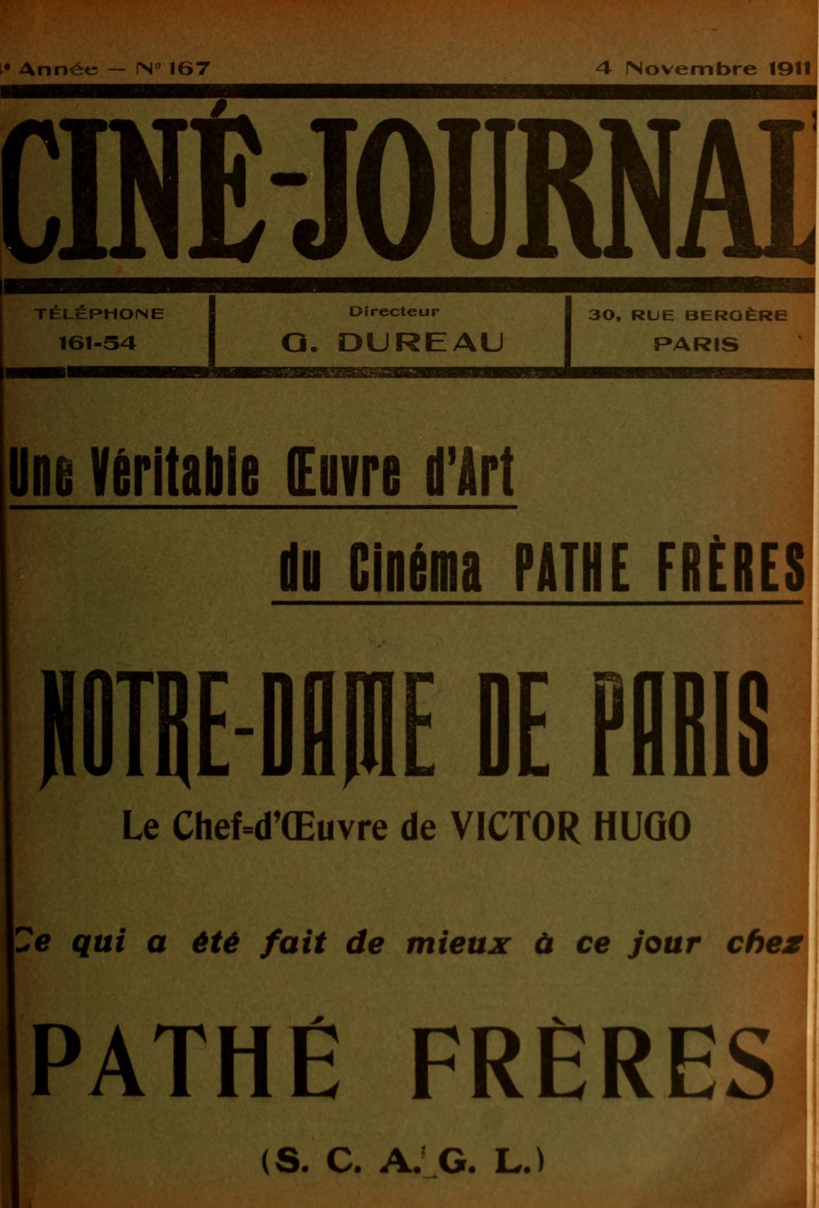 CINE-JOURNAL, LE JOURNAL DU FILM magazine side cover Issue 167 4 November 1911