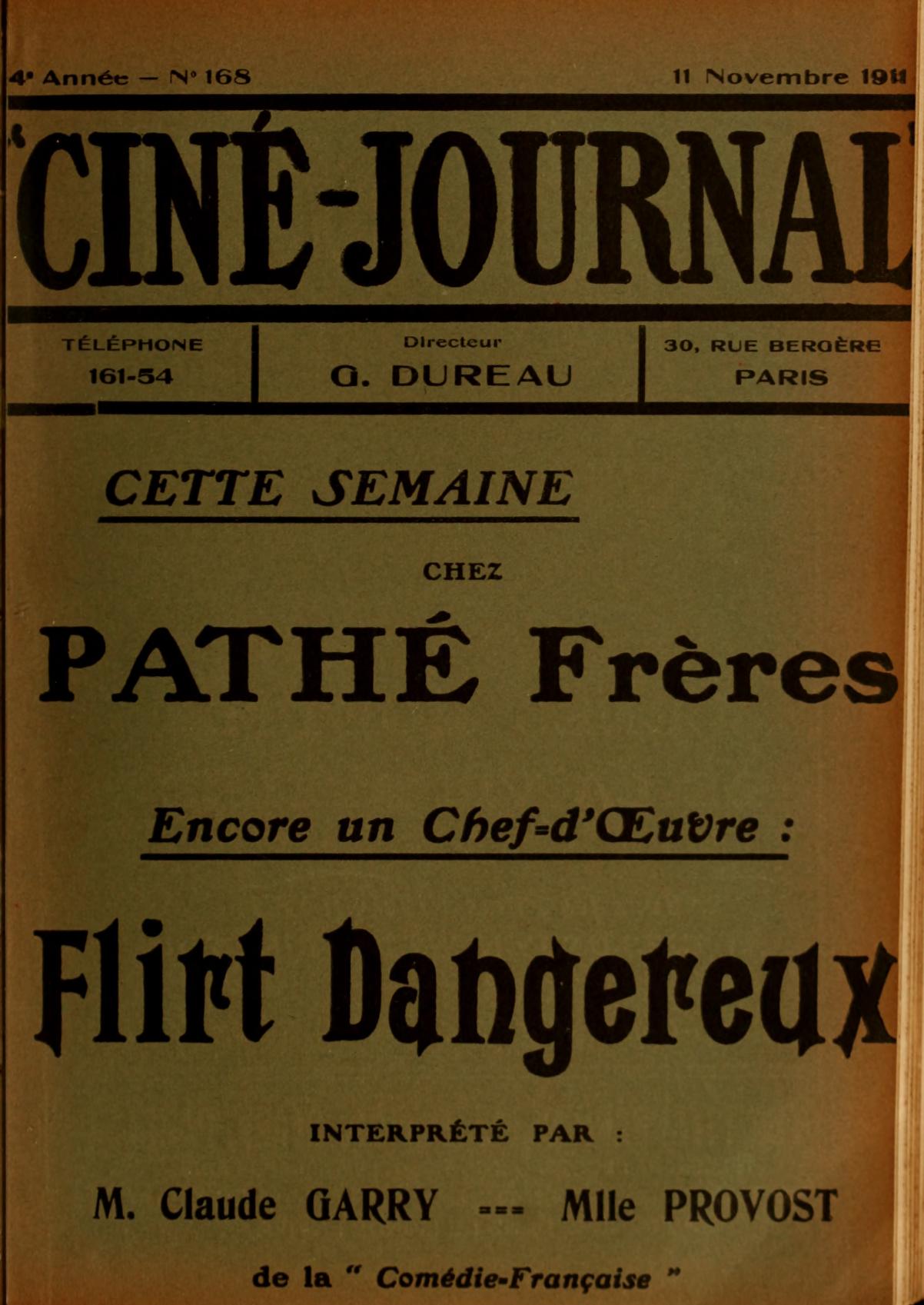CINE-JOURNAL, LE JOURNAL DU FILM magazine side cover Issue 168 11 November 1911