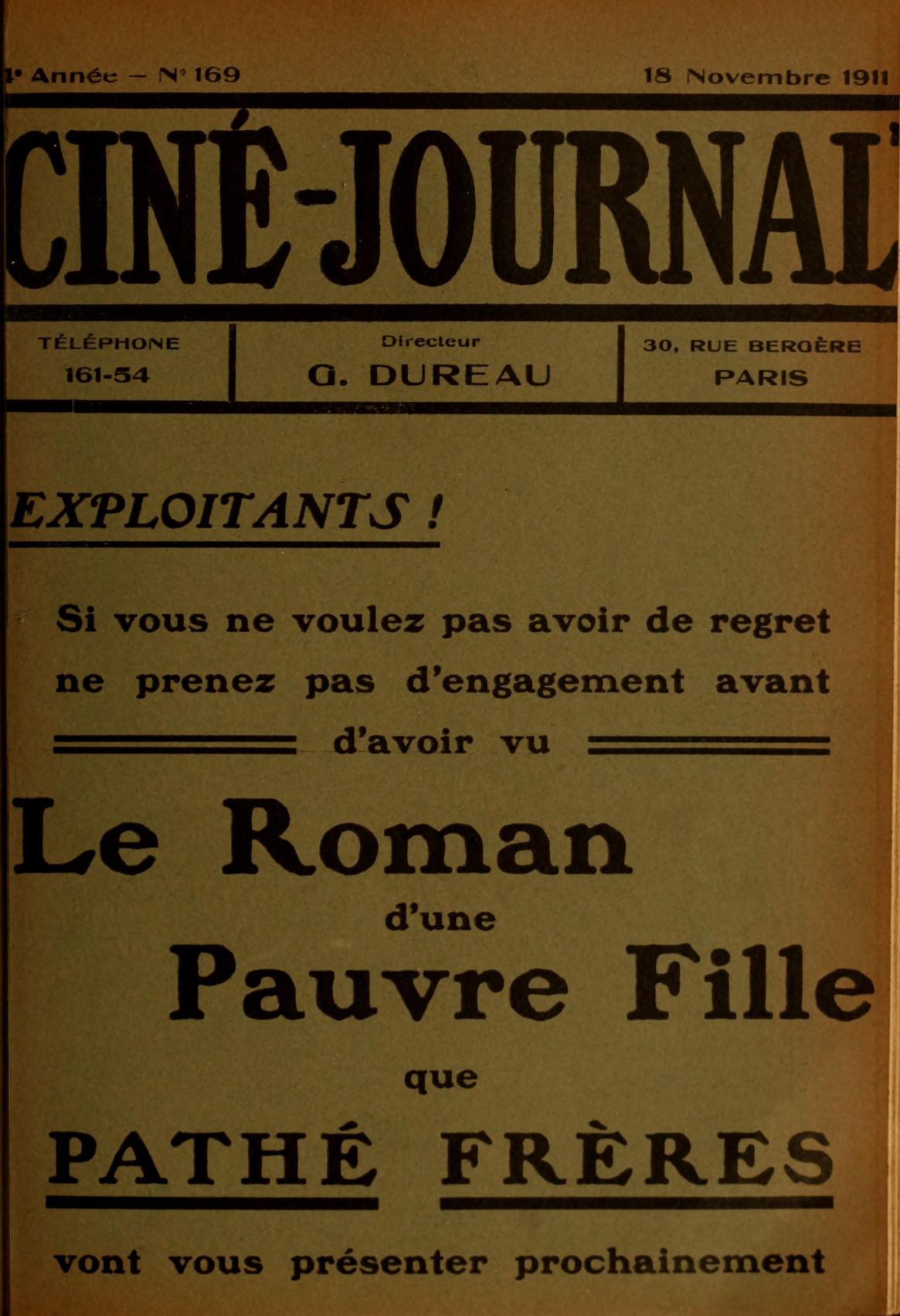 CINE-JOURNAL, LE JOURNAL DU FILM magazine side cover Issue 169 18 November 1911