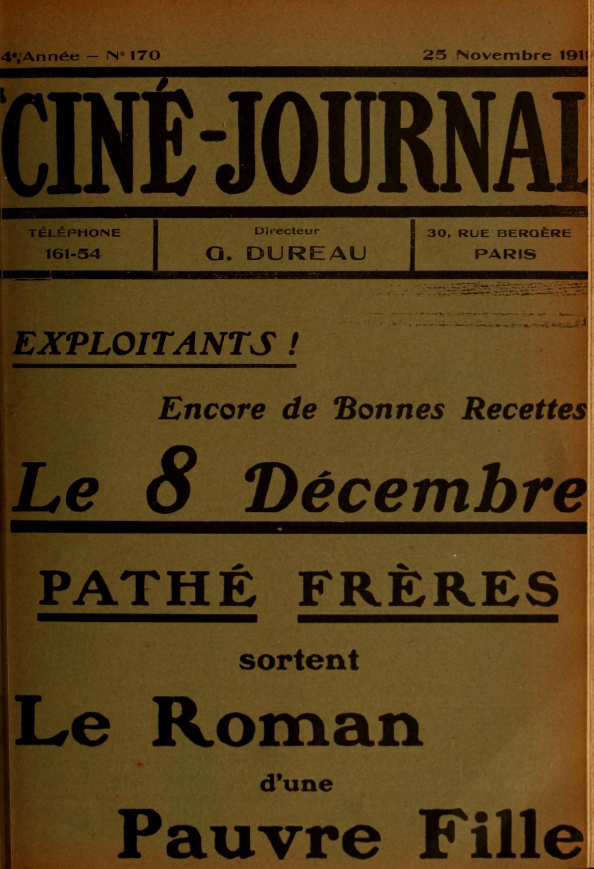 CINE-JOURNAL, LE JOURNAL DU FILM magazine side cover Issue 170 25 November 1911