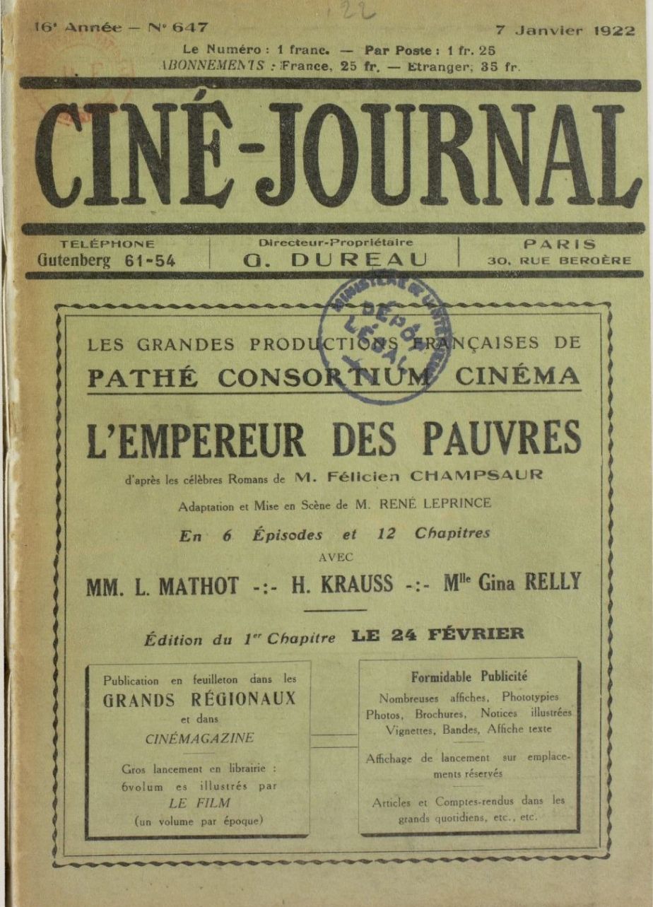 CINE-JOURNAL, LE JOURNAL DU FILM magazine side cover Issue 647 7 January 1922