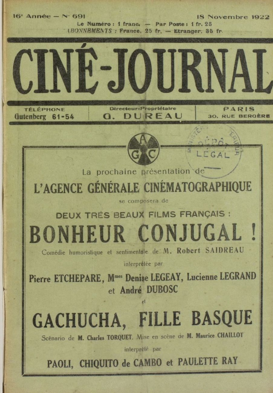 CINE-JOURNAL, LE JOURNAL DU FILM magazine side cover Issue 691 18 November 1922