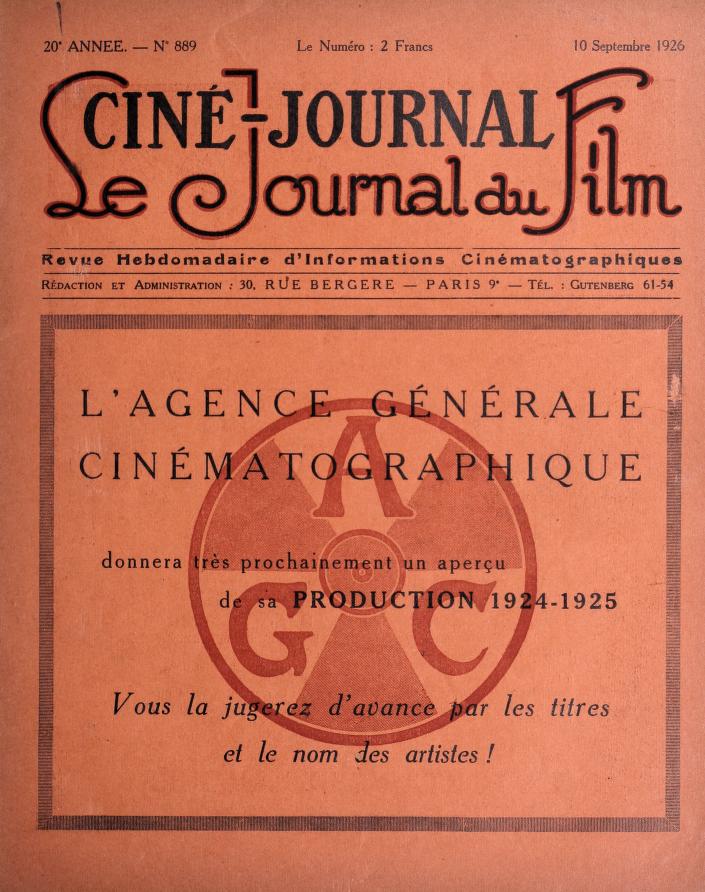 CINE-JOURNAL, LE JOURNAL DU FILM magazine side cover Issue 889 10 September 1926