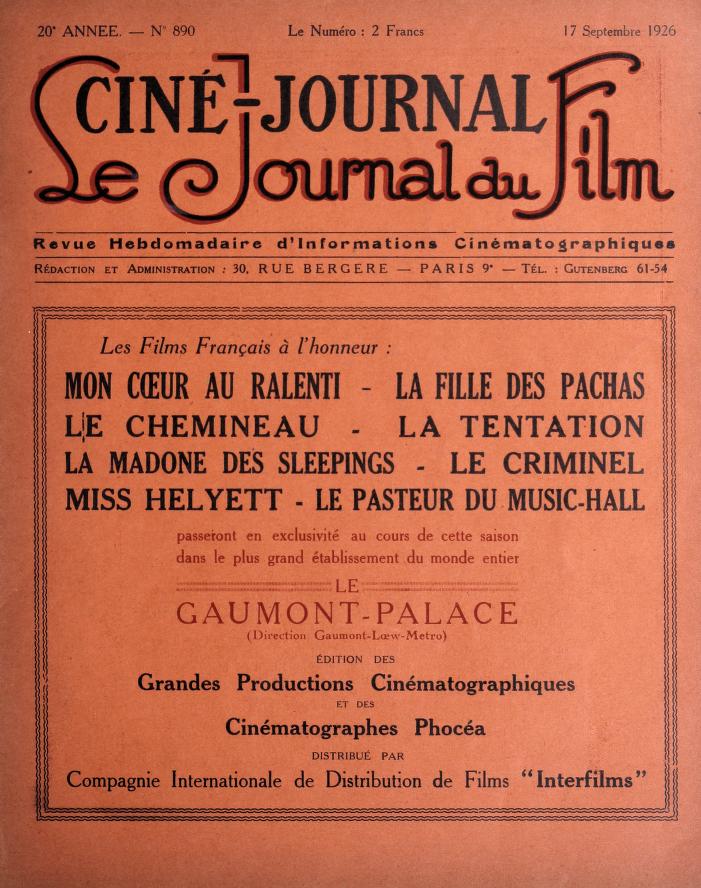 CINE-JOURNAL, LE JOURNAL DU FILM magazine side cover Issue 890 17 September 1926
