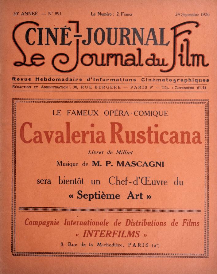 CINE-JOURNAL, LE JOURNAL DU FILM magazine side cover Issue 891 24 September 1926