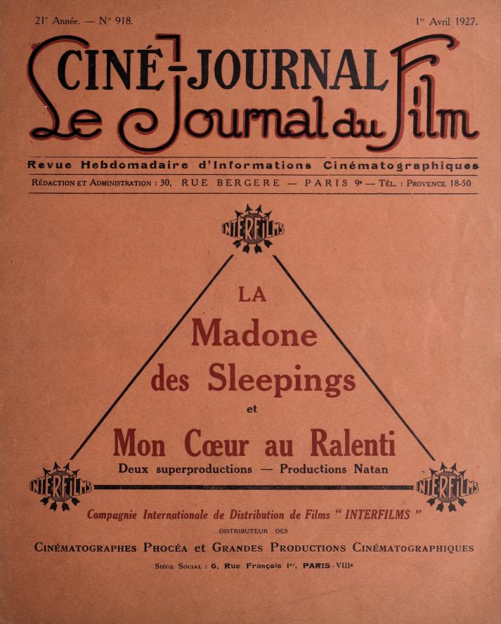 CINE-JOURNAL, LE JOURNAL DU FILM magazine side cover Issue 918 1 April 1927