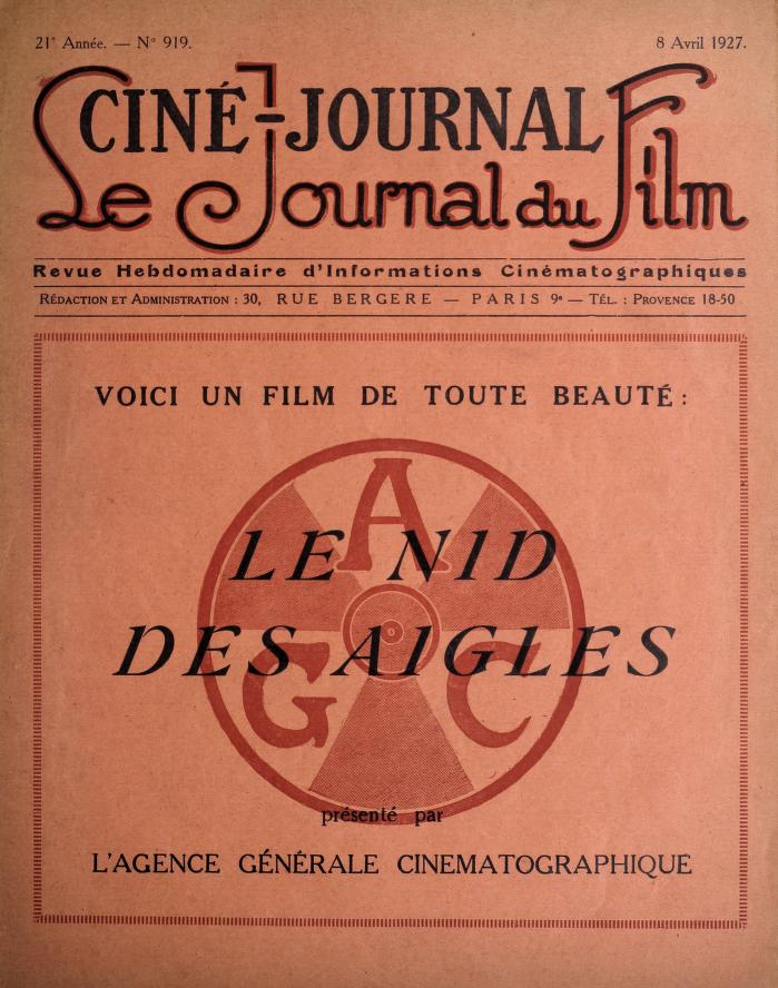 CINE-JOURNAL, LE JOURNAL DU FILM magazine side cover Issue 919 8 April 1927