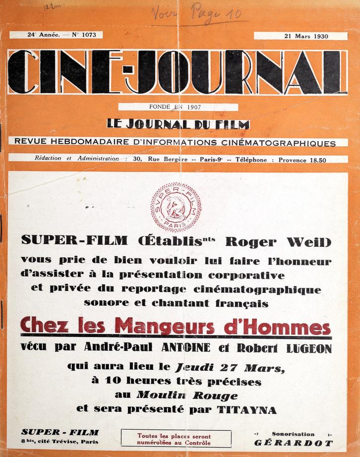 CINE-JOURNAL, LE JOURNAL DU FILM magazine side cover Issue 1073 21 March 1930