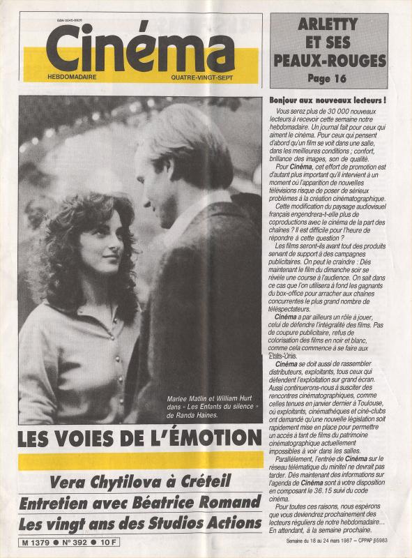 CINEMA (50s-90s Fr) magazine side cover Issue 392  1987