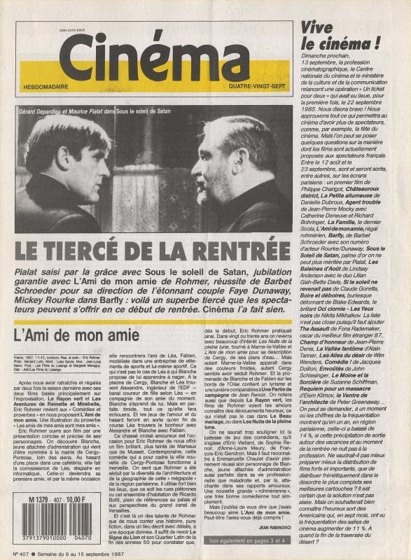 CINEMA (50s-90s Fr) magazine side cover Issue 407  1987