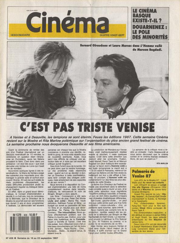 CINEMA (50s-90s Fr) magazine side cover Issue 408  1987