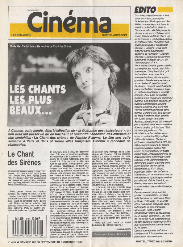 CINEMA (50s-90s Fr) magazine side cover Issue 410  1987