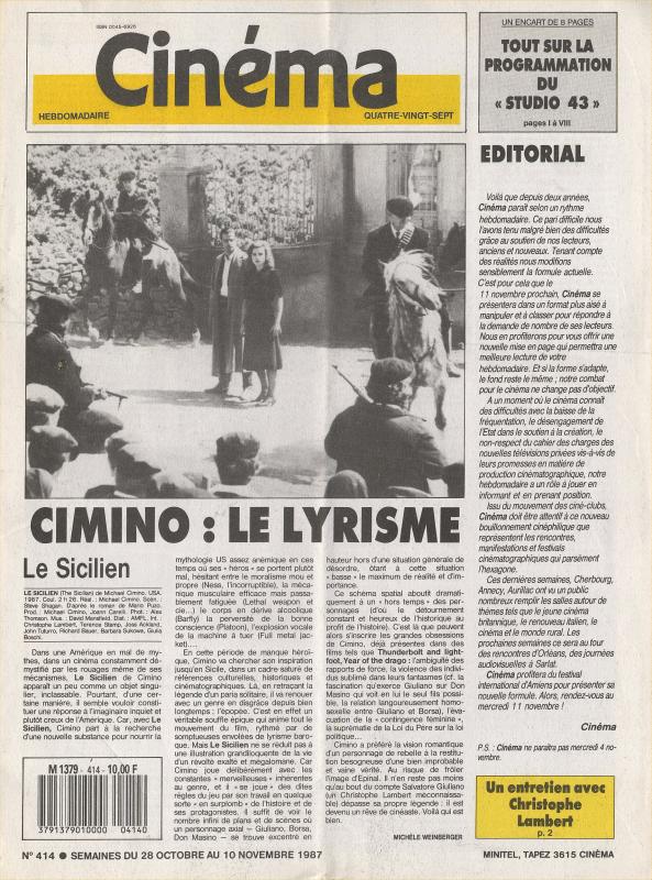 CINEMA (50s-90s Fr) magazine side cover Issue 414  1987