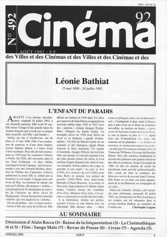 CINEMA (50s-90s Fr) magazine side cover Issue 492  1992