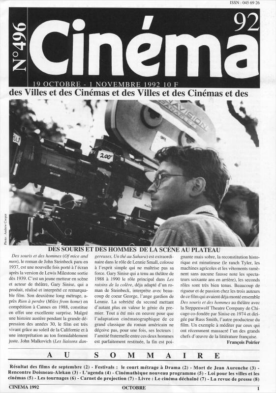 CINEMA (50s-90s Fr) magazine side cover Issue 496  1992