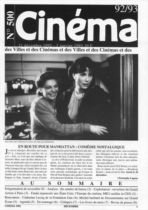 CINEMA (50s-90s Fr) magazine side cover Issue 500  1992