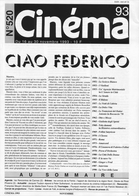 CINEMA (50s-90s Fr) magazine side cover Issue 520  1993