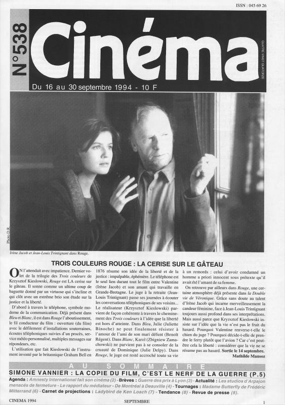 CINEMA (50s-90s Fr) magazine side cover Issue 538  1994