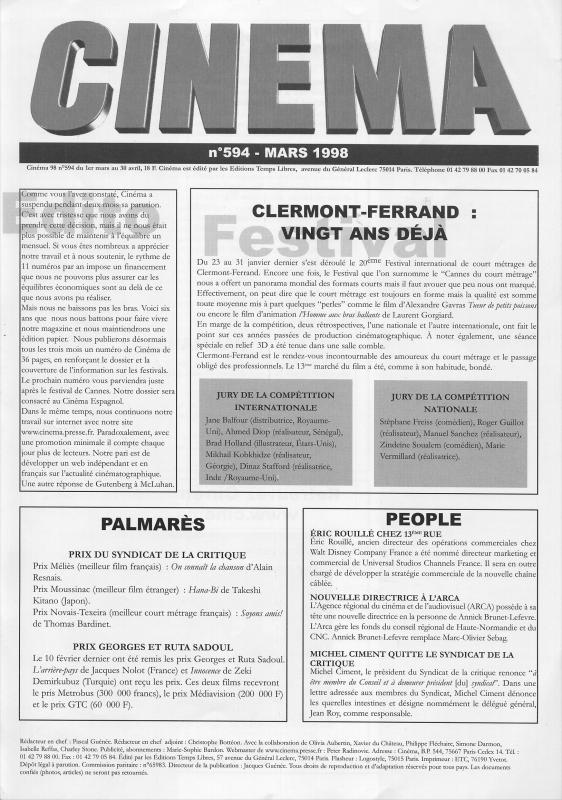 CINEMA (50s-90s Fr) magazine side cover Issue 594  1998