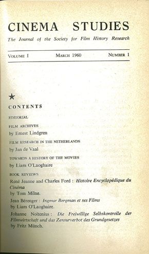 CINEMA STUDIES magazine side cover Issue 1 March 1960