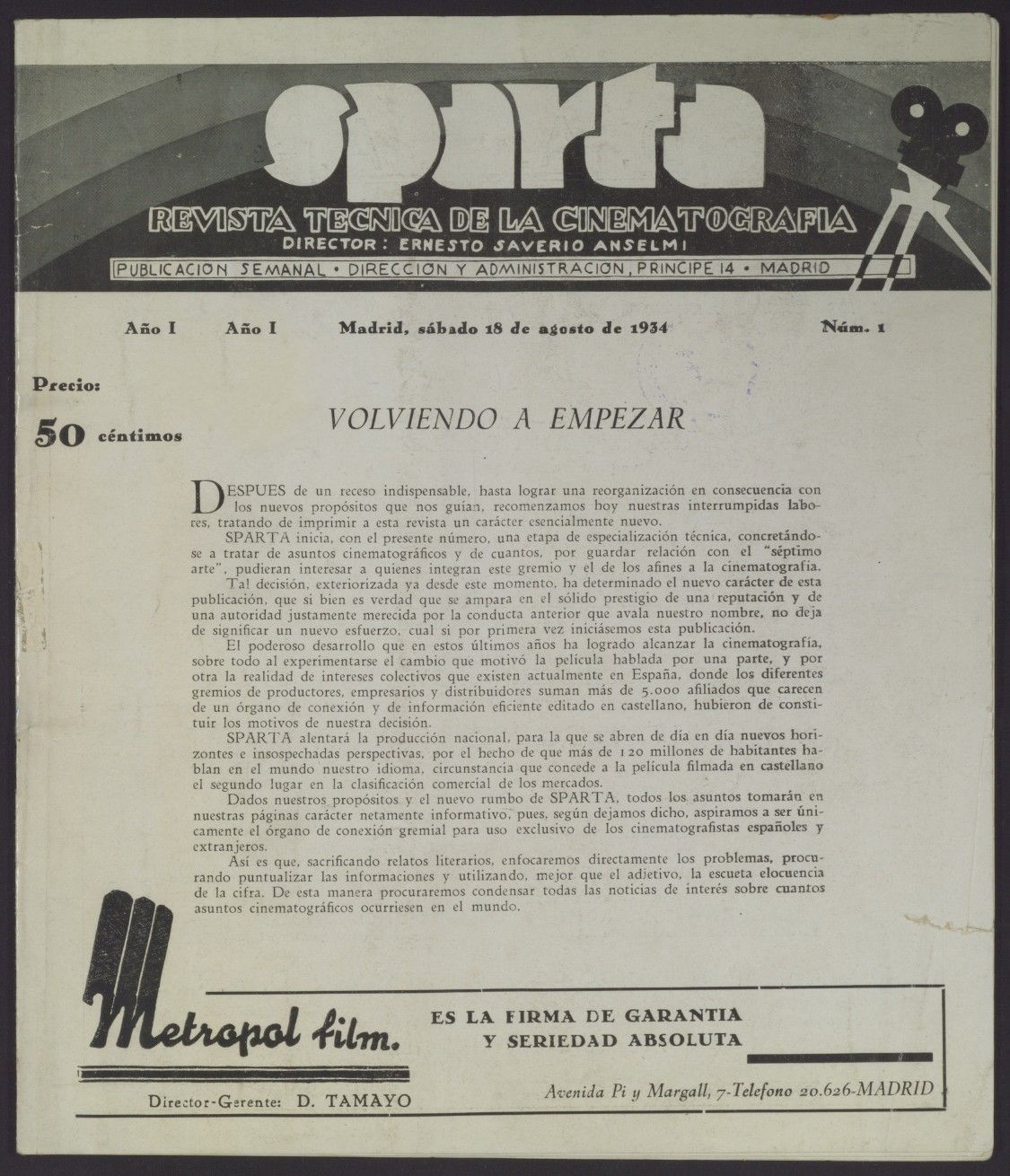 CINEMA SPARTA magazine side cover Issue 1 18 August 1934