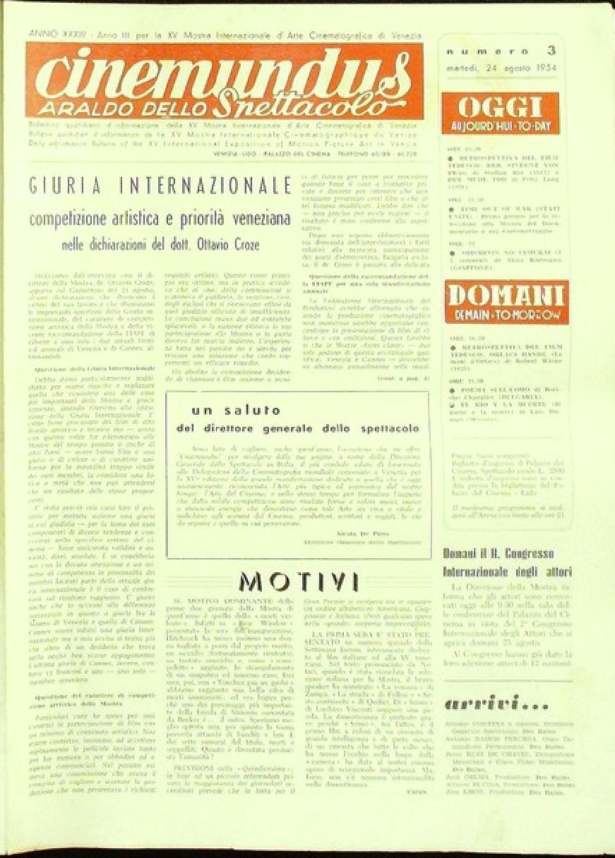 CINEMUNDUS magazine side cover Issue 3 24 August 1954
