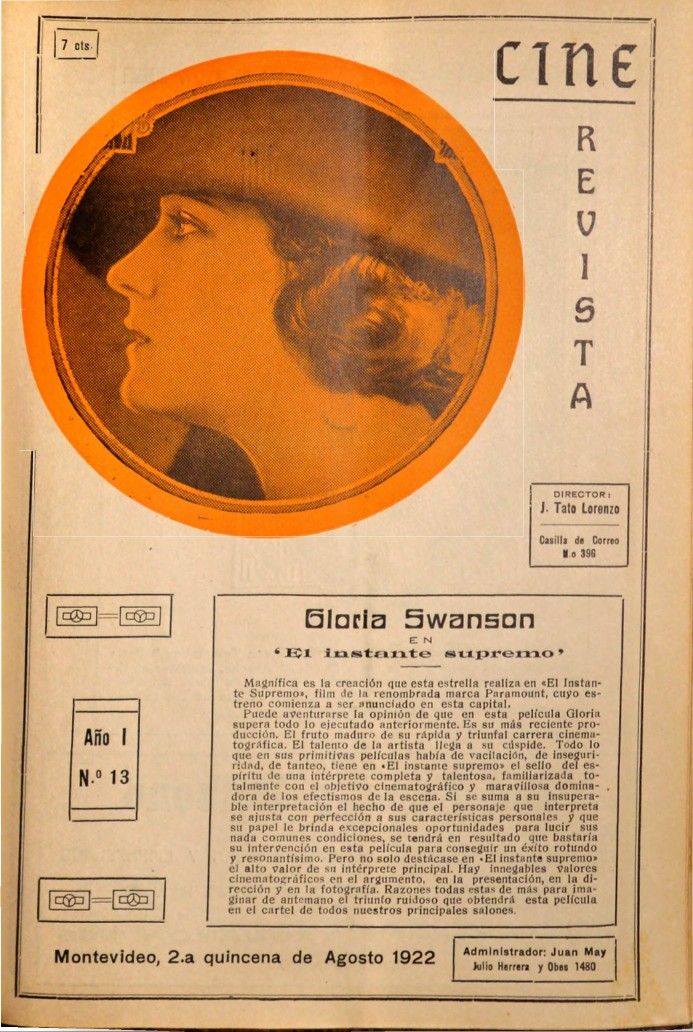 CINE REVISTA (URY) magazine side cover  Vol 1 No  13 22 August 1922