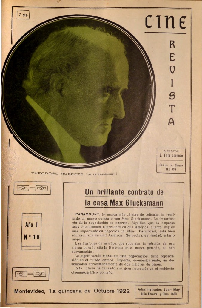 CINE REVISTA (URY) magazine side cover  Vol 1 No  16 8 October 1922