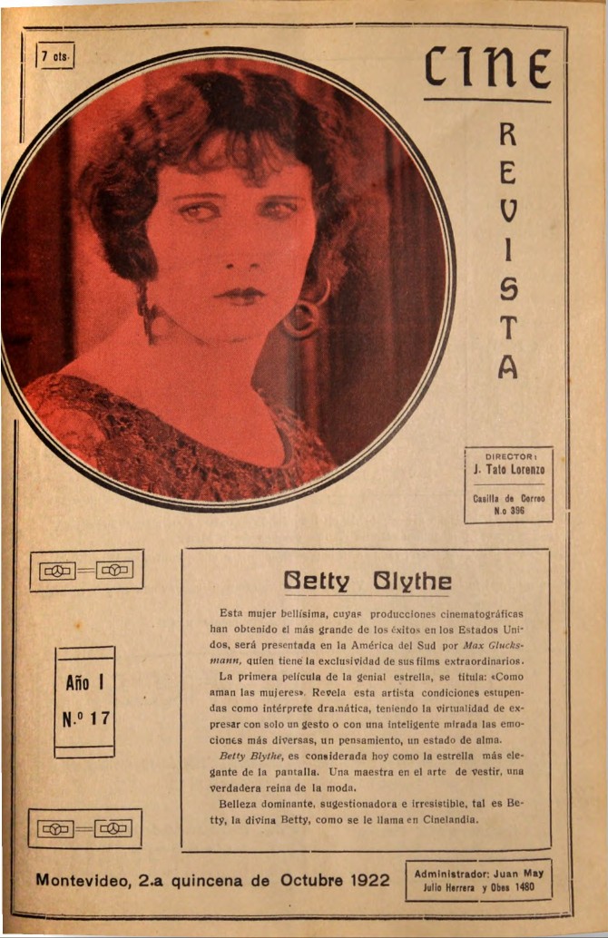 CINE REVISTA (URY) magazine side cover  Vol 1 No  17 22 October 1922
