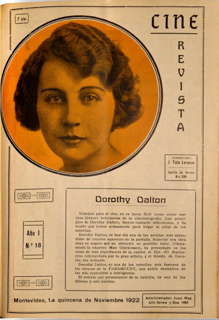 CINE REVISTA (URY) magazine side cover  Vol 1 No  18 8 November 1922