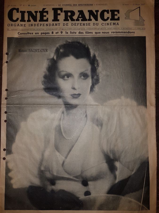 CINE FRANCE magazine side cover Issue 8 12 March 1937