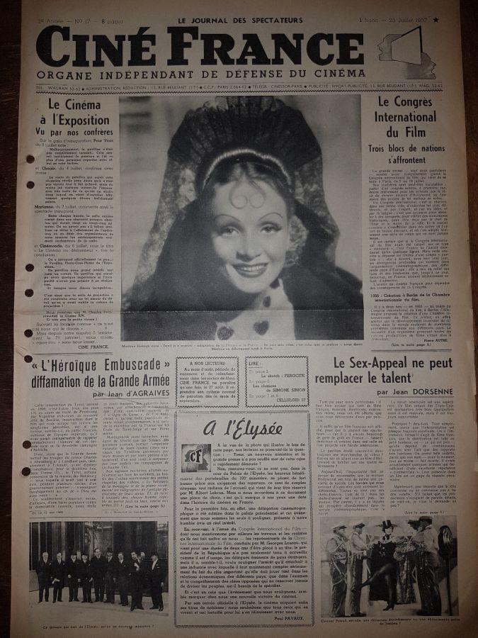 CINE FRANCE magazine side cover Issue 17 23 July 1937
