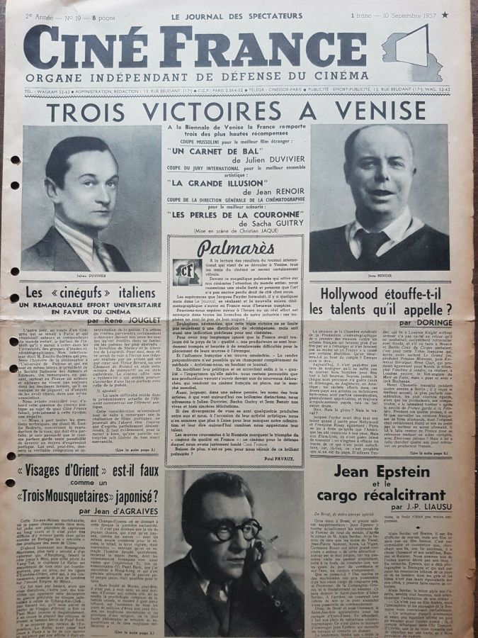 CINE FRANCE magazine side cover Issue 19 10 September 1937