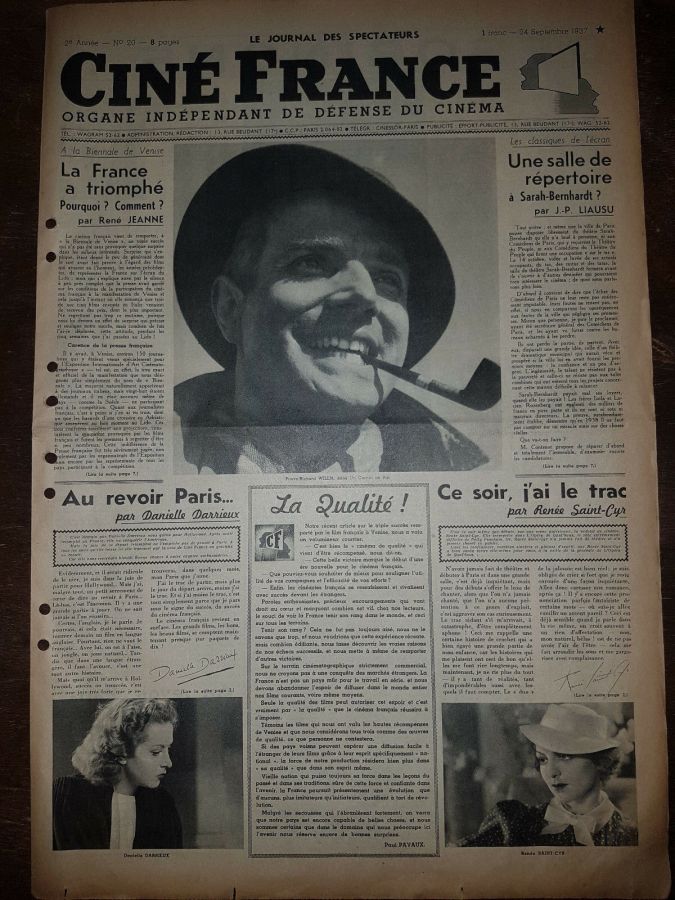 CINE FRANCE magazine side cover Issue 20 24 September 1937