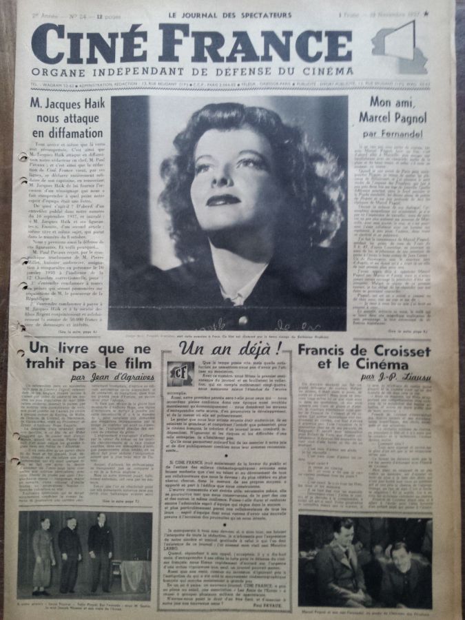 CINE FRANCE magazine side cover Issue 24 19 November 1937