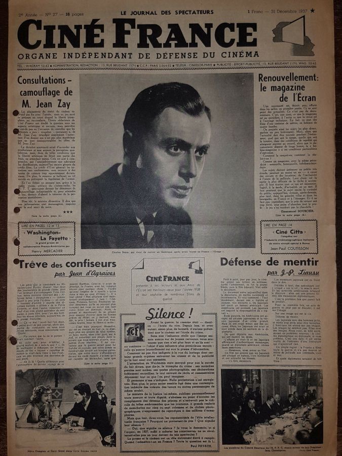 CINE FRANCE magazine side cover Issue 27 31 December 1937