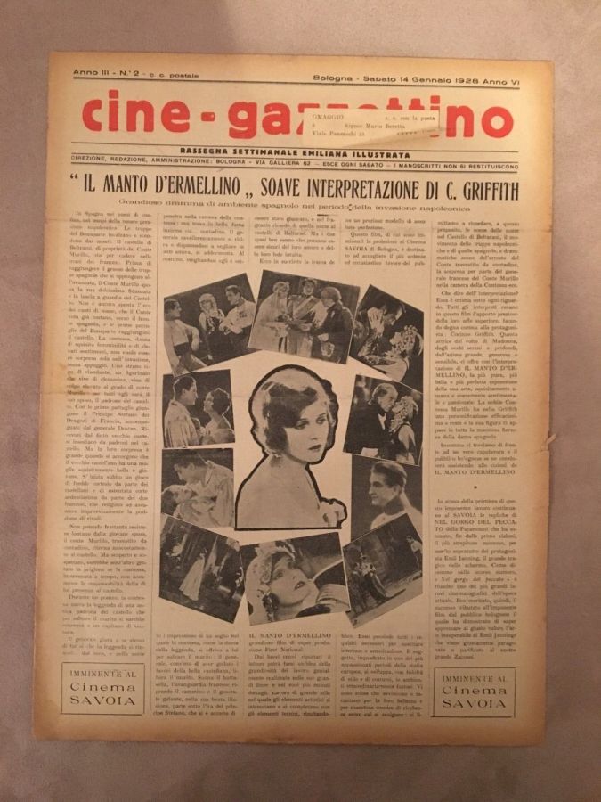 CINE-GAZZETTINO magazine side cover 14 January 1928