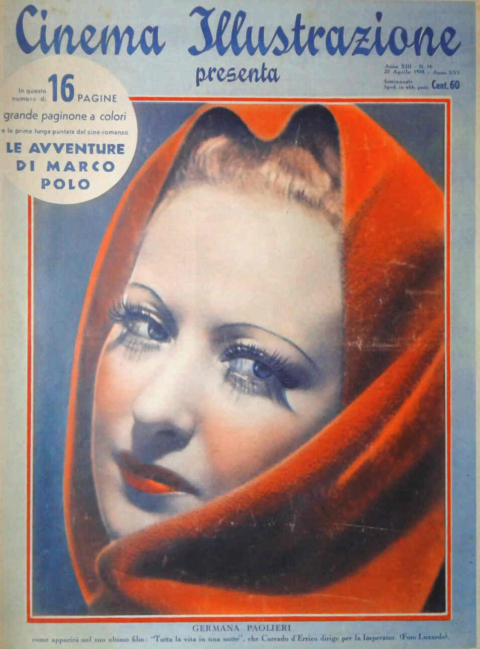 CINEMA ILLUSTRAZIONE magazine side cover Issue 16 20 April 1938
