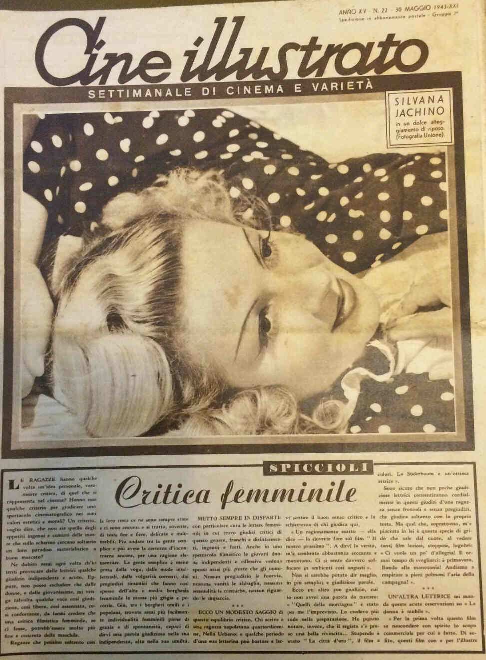 CINE ILLUSTRATO magazine side cover Issue 22 30 May 1943