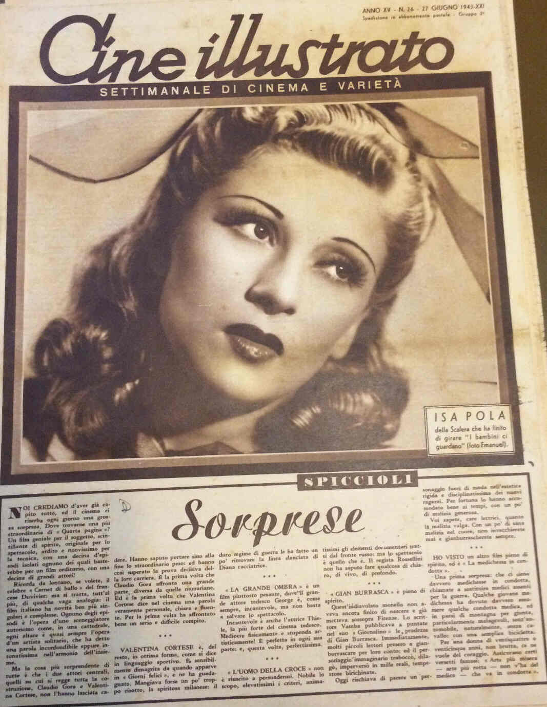 CINE ILLUSTRATO magazine side cover Issue 26 27 June 1943