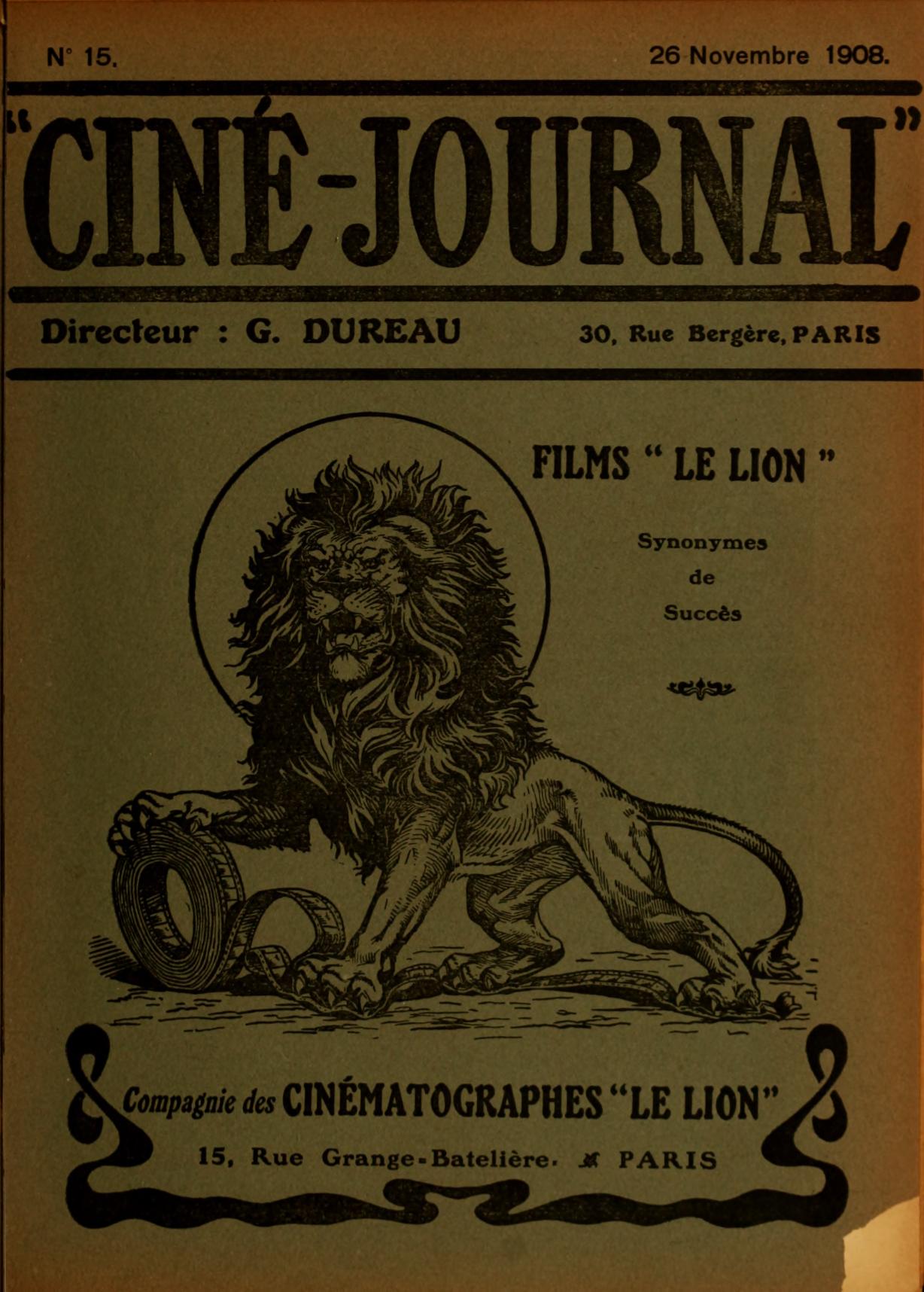 CINE-JOURNAL, LE JOURNAL DU FILM magazine side cover Issue 15 26 November 1908